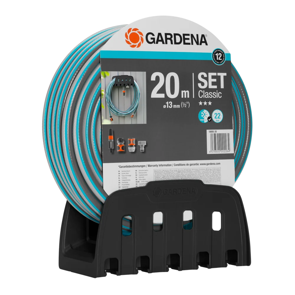Tuyau Classic Gardena 20m + Porte Tuyau Mur – Gardena
